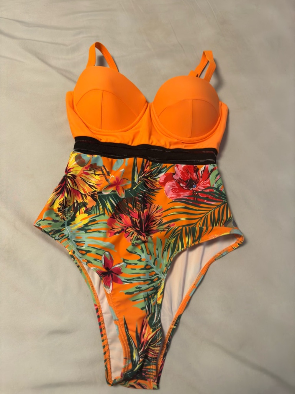 SHEIN Orange Tropical Floral One-Piece Swimsuit